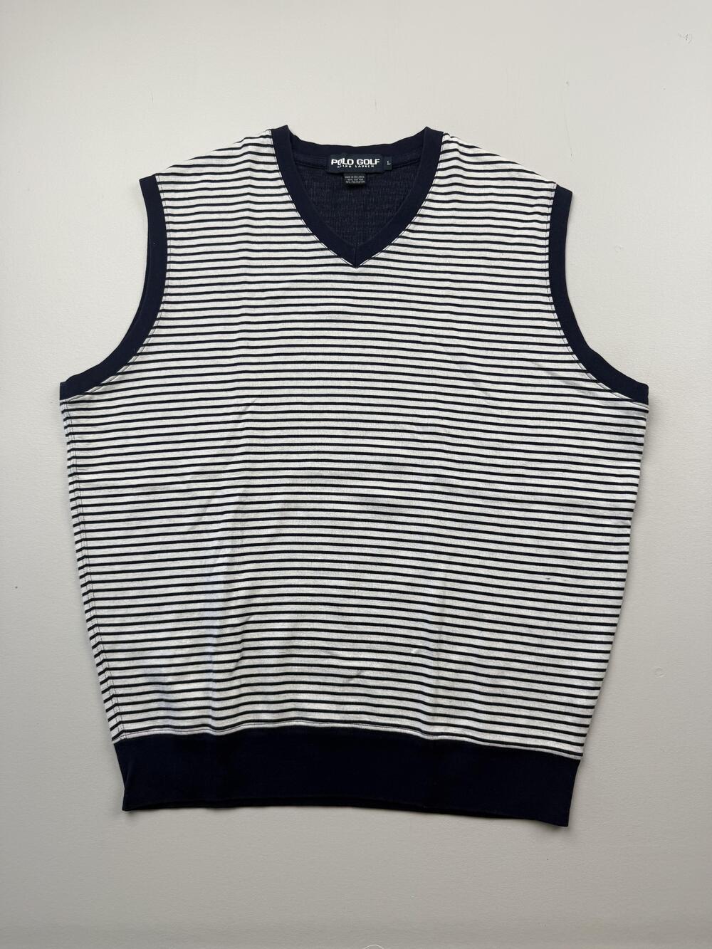 Polo Golf Ralph Lauren Sweater Vest Mens Large Blue Striped V Neck Knit Golf